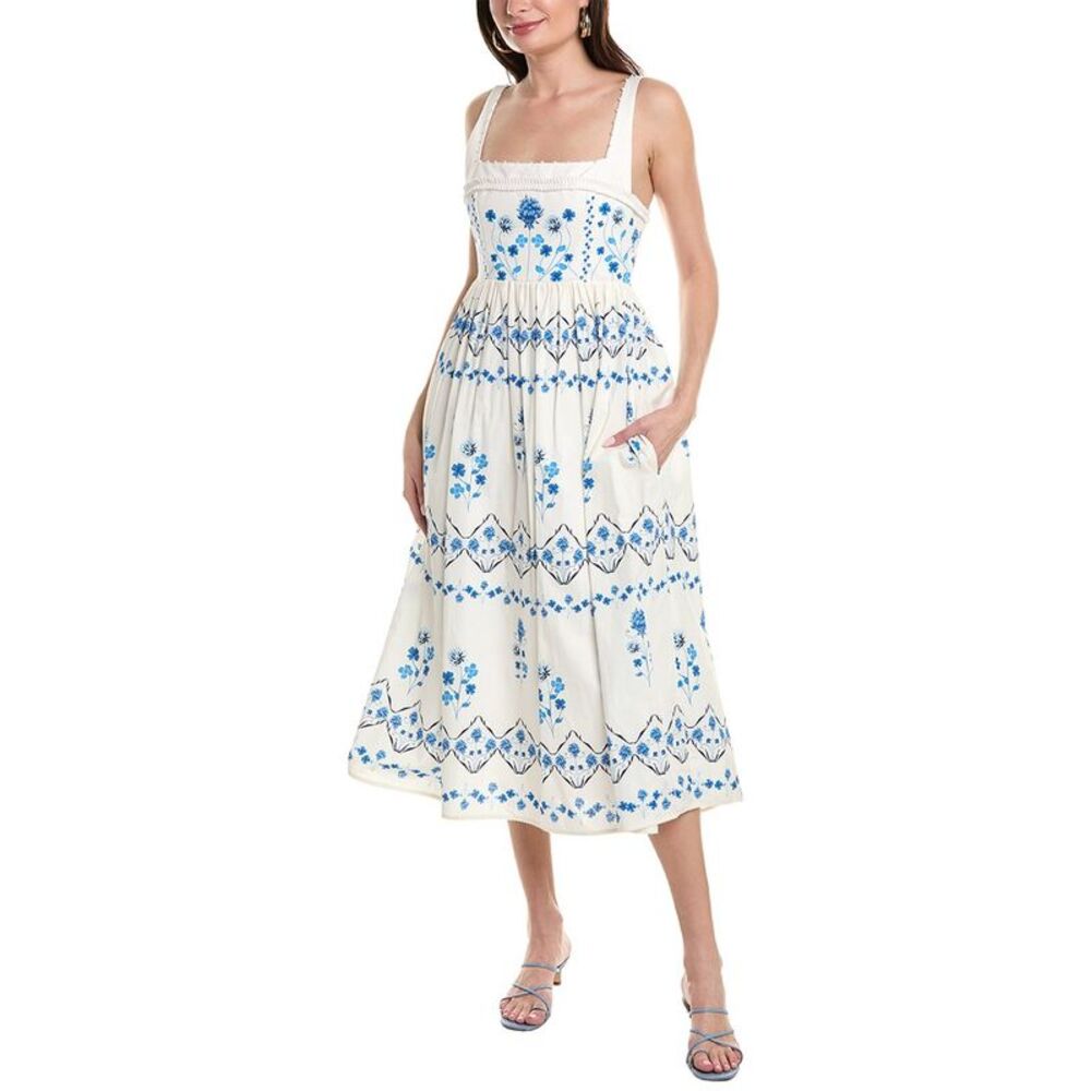 EUC Agua Bendita Ventura Barbara White and Blue Midi Dress